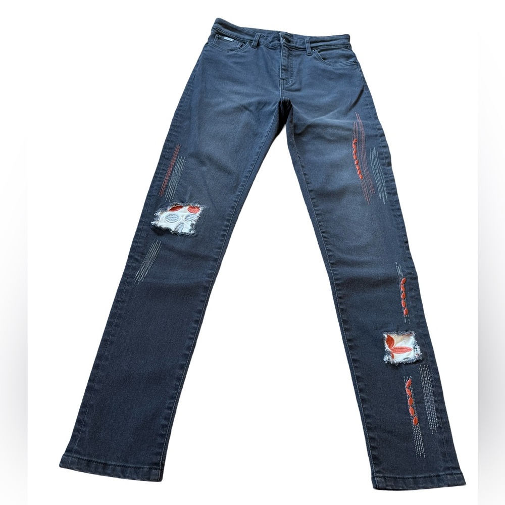 French Dressing Jeans Embroidered Patchwork Gray Denim